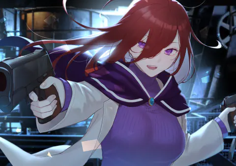Jessica Titor, red hair over one eye, firing two pistols in a dark industrial engine room, purple cape and white lab coat flaring.