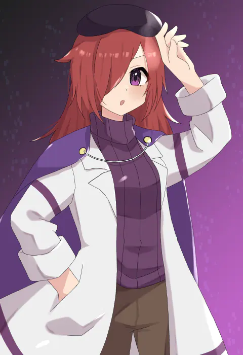 Jessica Titor standing in a long white lab coat over a purple turtleneck, one hand on her beret, against a starry violet background.