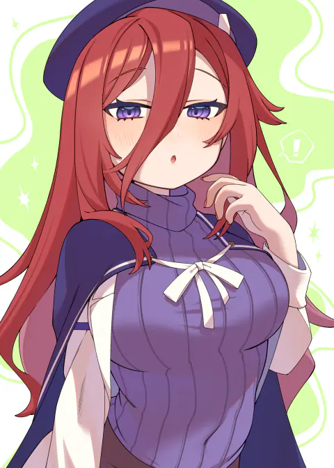 Jessica Titor startled mid-thought, a hand at her collar, red hair spilling over a purple ribbed sweater and dark cape.