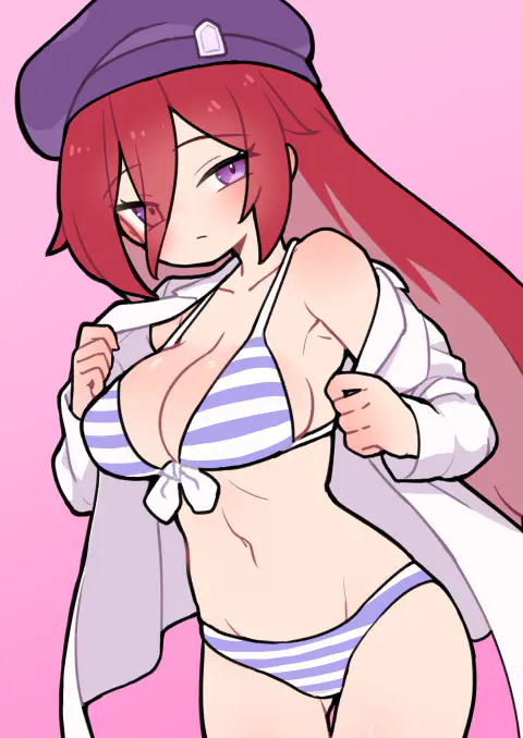 Jessica Titor holding open her lab coat over a blue-and-white striped bikini against a pink background.