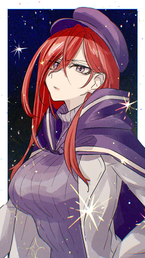 Jessica Titor in a beret and violet cape under a starry sky, gold sparkles drifting around her shoulder.