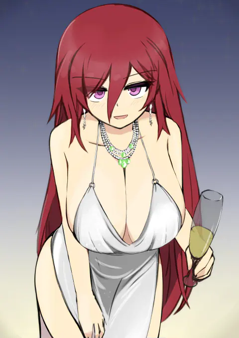 Jessica Titor in a plunging white satin dress and a green-stoned necklace, holding a champagne flute.