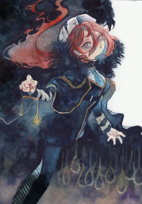 A dark watercolour of Jessica Titor in a fur-collared coat holding up a small brass balance scale, red smoke curling behind her.