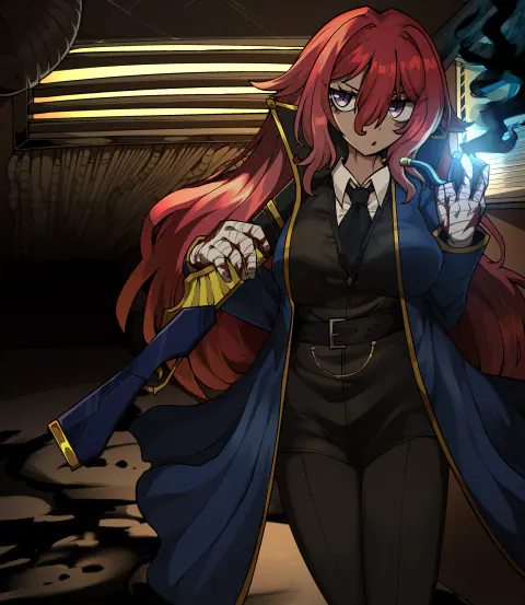 Jessica Titor in a black suit and tie with a long coat, blue flame flickering from one gloved hand in a dim corridor.
