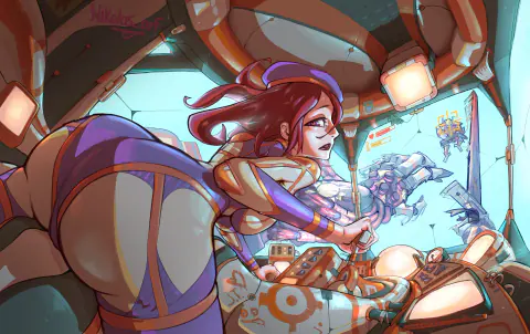 Jessica Titor climbing into a cluttered mech cockpit full of glowing screens, seen from behind in a tight pilot suit.