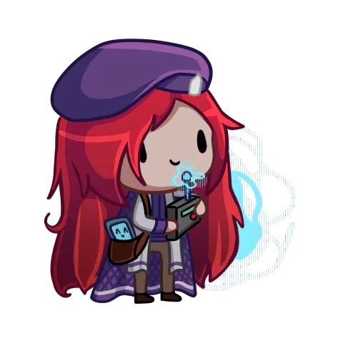 A tiny chibi Jessica Titor in her beret and coat holding a handheld scanner, a blue hologram looping behind her.