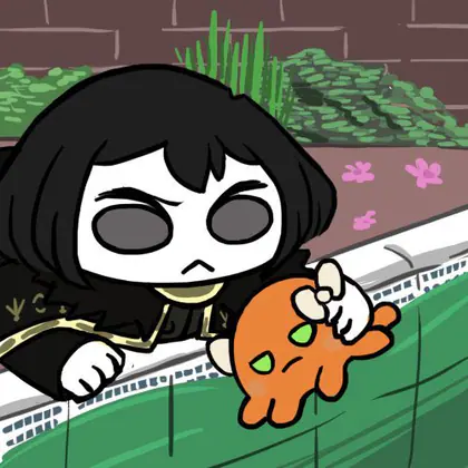 A chibi Zena sitting on a ledge hugging an orange octopus plush.