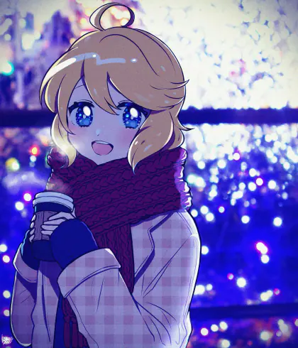 A bundled-up anime girl surrounded by sparkling winter lights.