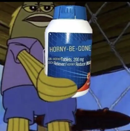 A cartoon character holding a bottle labelled ‘Horny-Be-Gone’.
