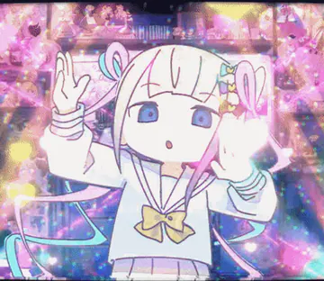 A glittery pastel pixel girl doing a tiny excited dance.