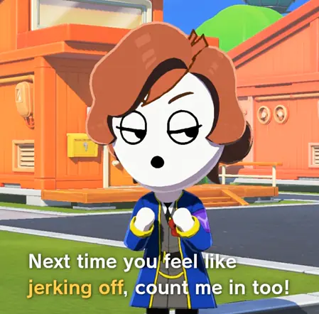A deadpan red-haired Mii with a Tomodachi-style subtitle eagerly volunteering to join in next time.