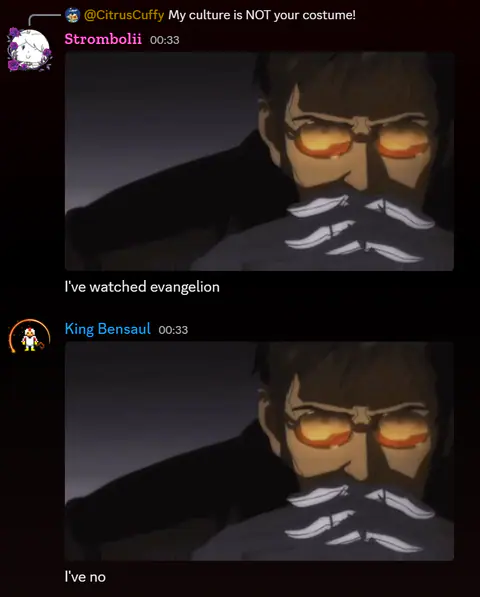 A Discord chat where the same hands-folded anime reaction image is posted twice in a row.