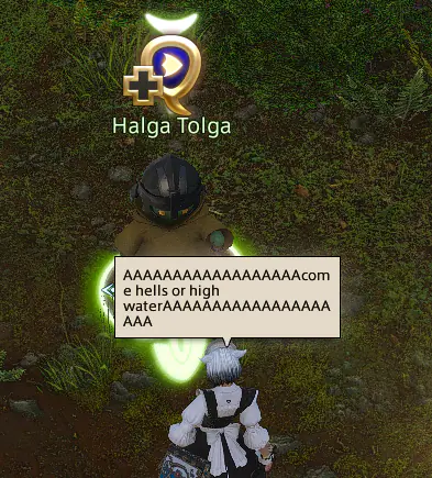 An FFXIV character mid-scream with a speech bubble full of A’s by a river at night.