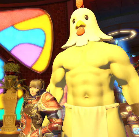 An FFXIV character wearing a yellow chocobo head on an enormously muscular bare body, posing in a colourful room.
