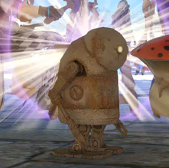 A small wooden mammet standing in a blinding beam of light.