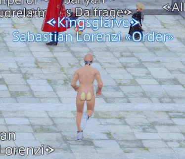 A nearly undressed FFXIV character sprinting across a plaza under his nameplate.