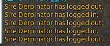 An FFXIV chat log repeating ‘Sire Derpinator has logged out’ and ‘has logged in’ over and over.