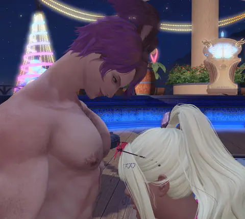 A muscular shirtless FFXIV character leaning very close to a white-haired woman under the neon of a casino.