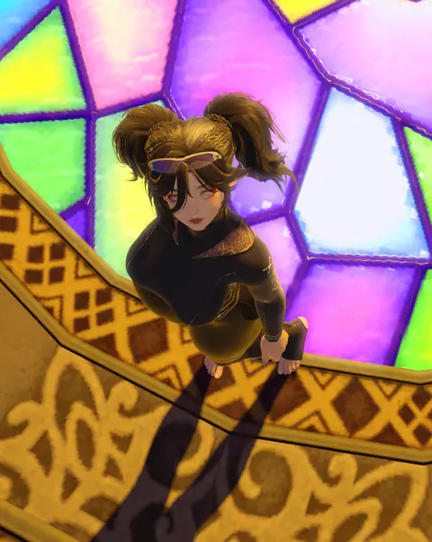 A tiny adventurer posed in front of a towering gold-and-teal stained-glass window.