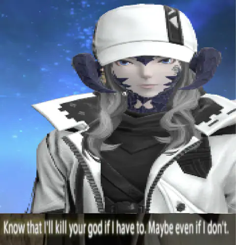 A character in a white hooded uniform with a subtitle promising to kill your god if necessary, maybe even if not.