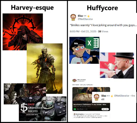 A collage board comparing ‘Harvey-esque’ and ‘Huffycore’ screenshots side by side.
