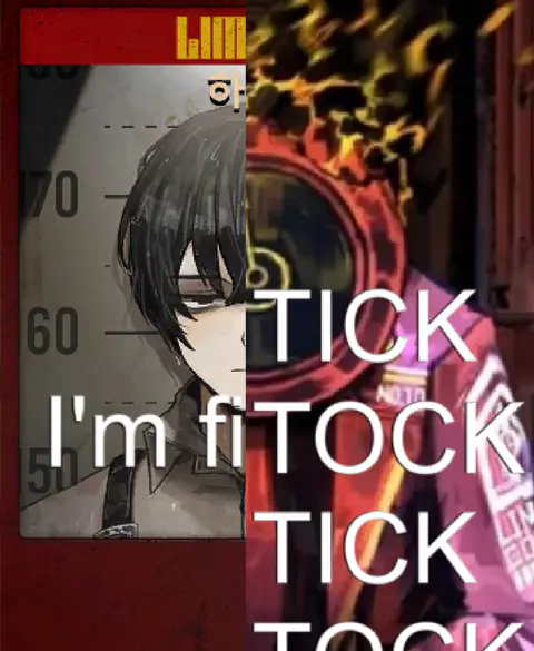 A brooding dark-haired character with ‘TICK’, ‘I’m fine’ and ‘TOCK’ stacked over a clock.