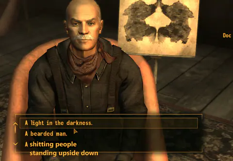 A bald man in a dim room above a list of absurd dialogue choices.