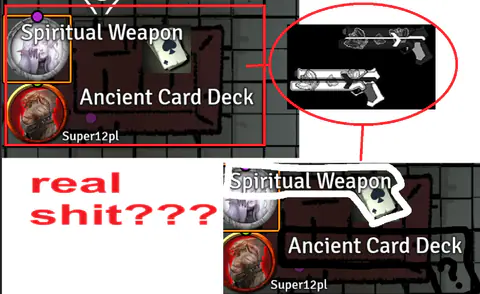 Two tooltips for ‘Spiritual Weapon’ and ‘Ancient Card Deck’ with ‘real shit???’ scrawled in red.