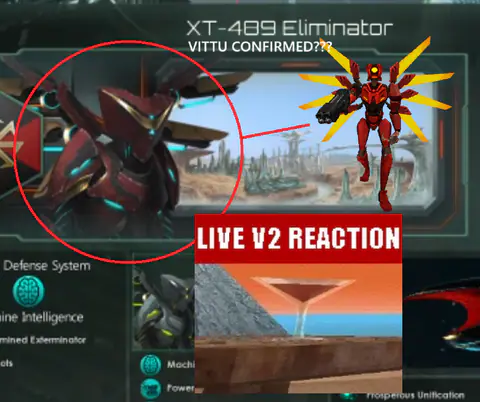 A robot boss screen ‘XT-489 Eliminator’ with a red ‘LIVE V2 REACTION’ label and circled details.