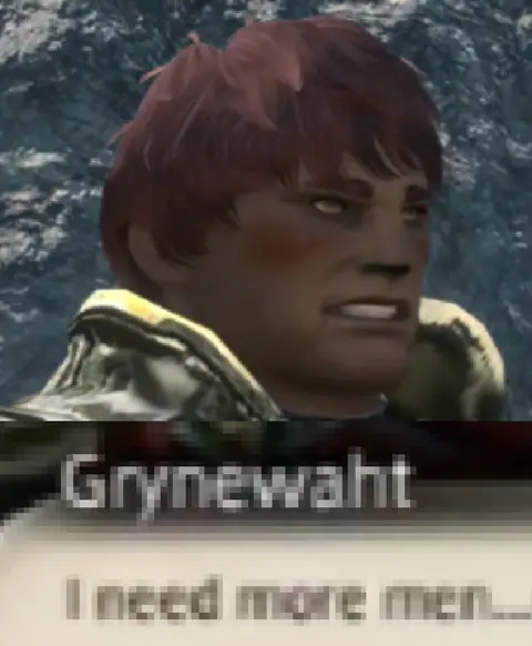 A close-up of a stern helmeted soldier captioned ‘Grynewaht’ and ‘I need more men…’.