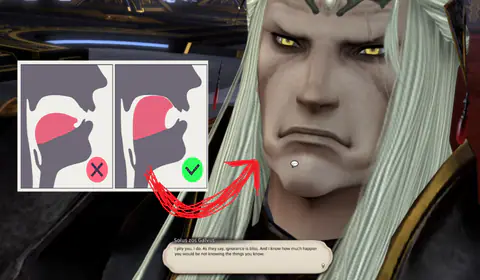 A grim pale-haired FFXIV elf beside two portraits marked with a cross and a tick.
