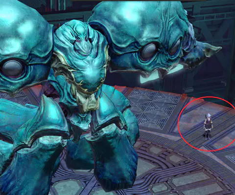 A tiny player character circled in red next to an enormous armoured blue boss.