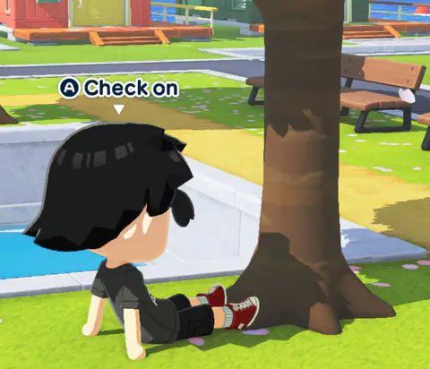 A Mii sitting alone under a tree with a ‘Check on’ prompt above him.