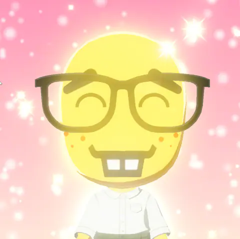A beaming bespectacled Mii face surrounded by pink sparkles.